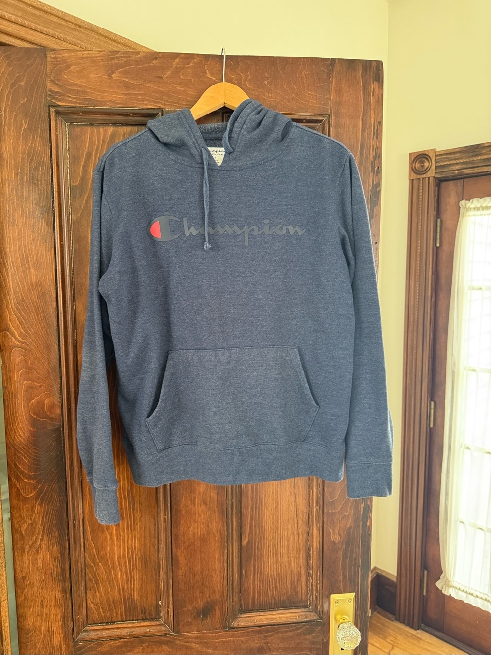 Champion Men's Heather Navy Pullover Hoodie with Script Logo